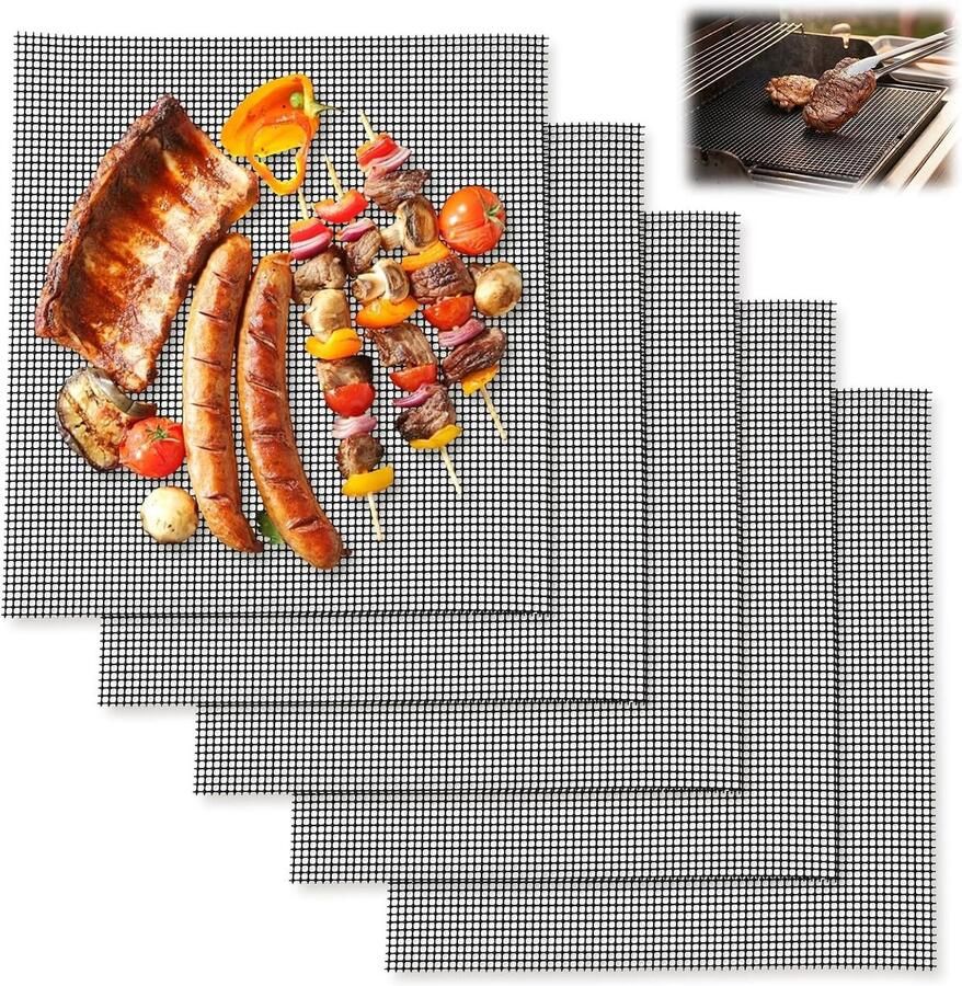 Grillmatten Set Zwart 42 x 36 cm Herbruikbare Teflon Anti-aanbakmatten Voor Gasbarbecues en Ovens