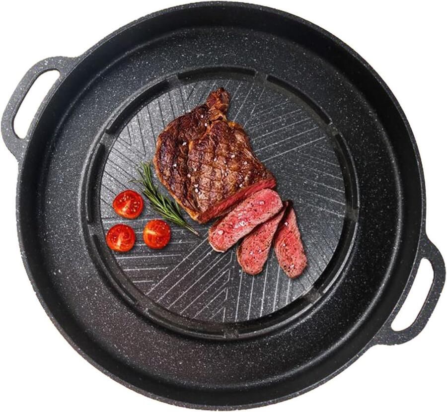 Grillpan 2-in-1 Antiaanbakpan Bakplaat Buiten Koken Gelijkmatige Warmteverspreiding 33.5x22x4 cm Zwart