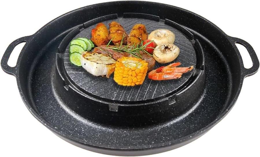 Grillpan 2-in-1 Bakplaat Koekenpan Binnen Buiten Koken Antiaanbak Aluminium Legering 33.5x22x4 cm Zwart