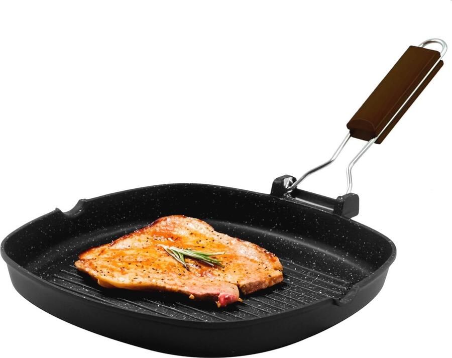 Grillpan 20 x 20 cm van gegoten aluminium met inklapbare handgreep - Foto 2