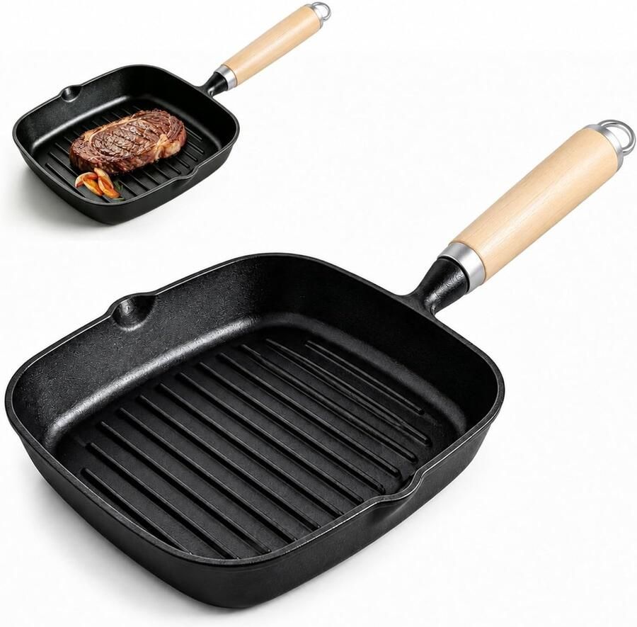 Grillpan 22 cm steakpan met schenktuit gietijzeren grillpan met antiaanbaklaag vierkante gietijzeren pan met houten handvat compatibel met alle kookplaten (gas en inductie)
