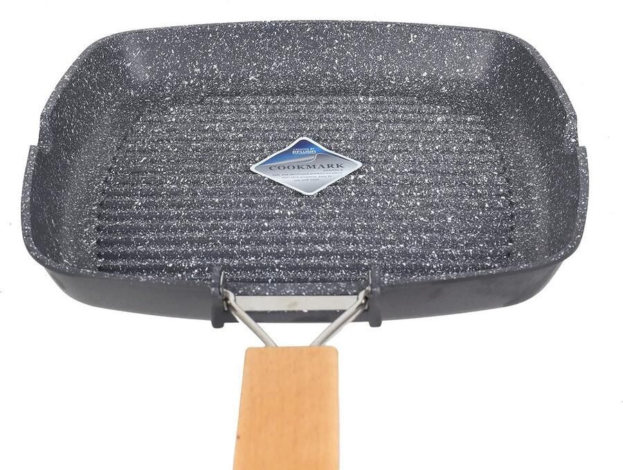 Grillpan 24 cm met antiaanbaklaag en opvouwbare houten handgreep voor binnenkookplaten