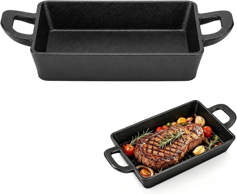 Grillpan 24 x 17 cm gietijzeren pan gietijzeren pan met twee handgrepen rechthoekige steakpan voor gasgrill oven gasfornuis of camping en outdoor koken veelzijdige grillpan