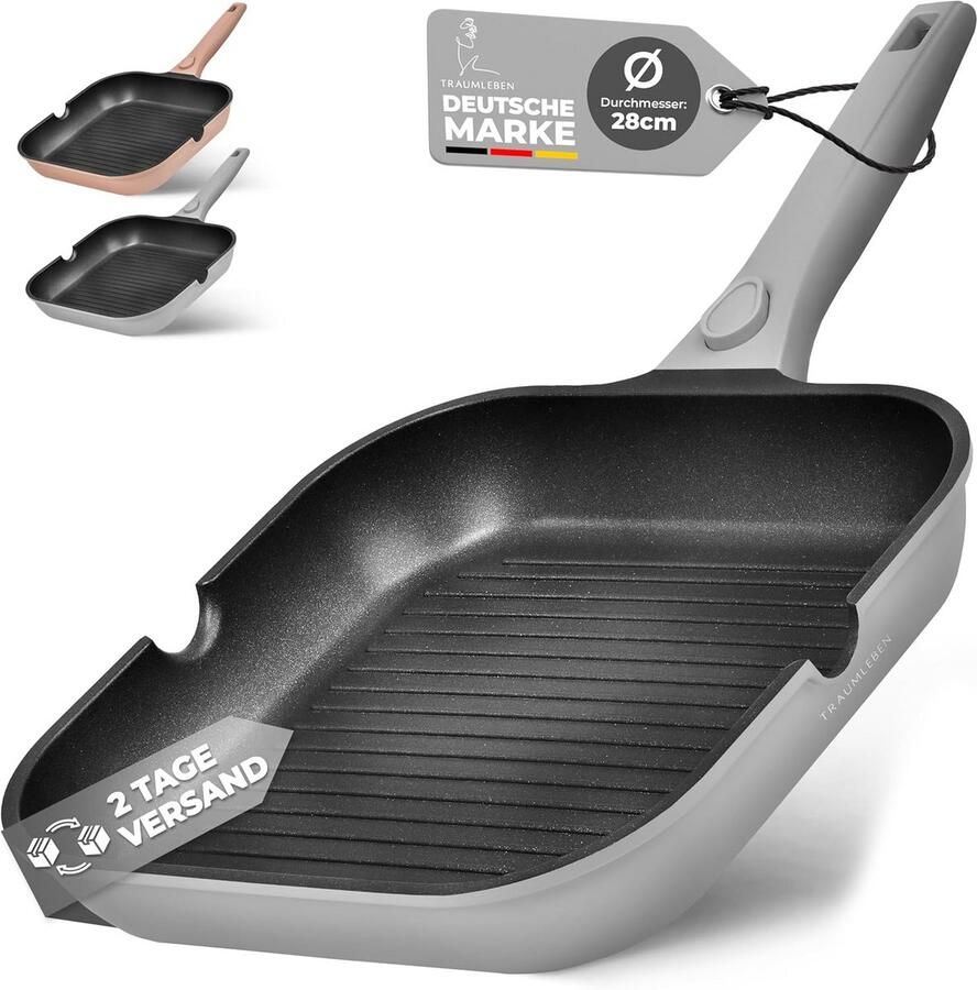 Grillpan 28 cm Inductie met Schenktuit en Afneembare Handgreep Ovenbestendig