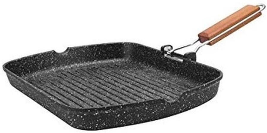 Grillpan 34 X 24 Cm Opvouwbare Houten Handgreep Gegoten Aluminium Coating Geschikt Voor Alle Warmtebronnen