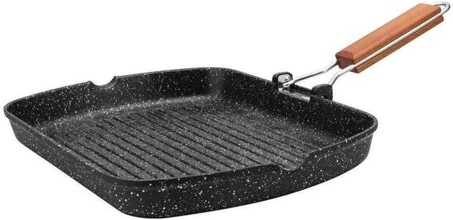 Grillpan 34 X 24 Cm Opvouwbare Houten Handgreep Gegoten Aluminium Stone-Type Coating Geschikt Voor Alle Warmtebronnen Inclusief Inductie Pfoa