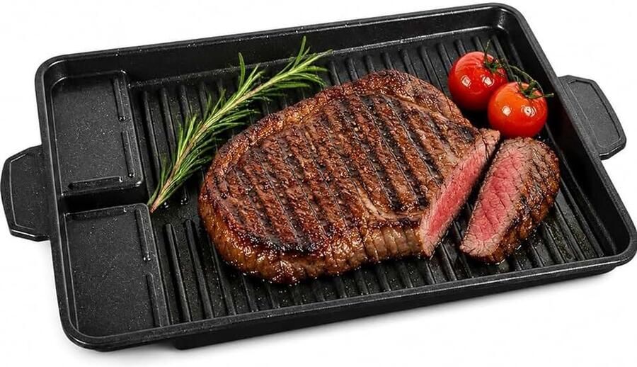 Grillpan 37 x 26 cm grillopzetstuk voor gasfornuis grillplaat grillpan voor campingfornuis voor inductie gas keramiek voor binnen en buiten BBQ