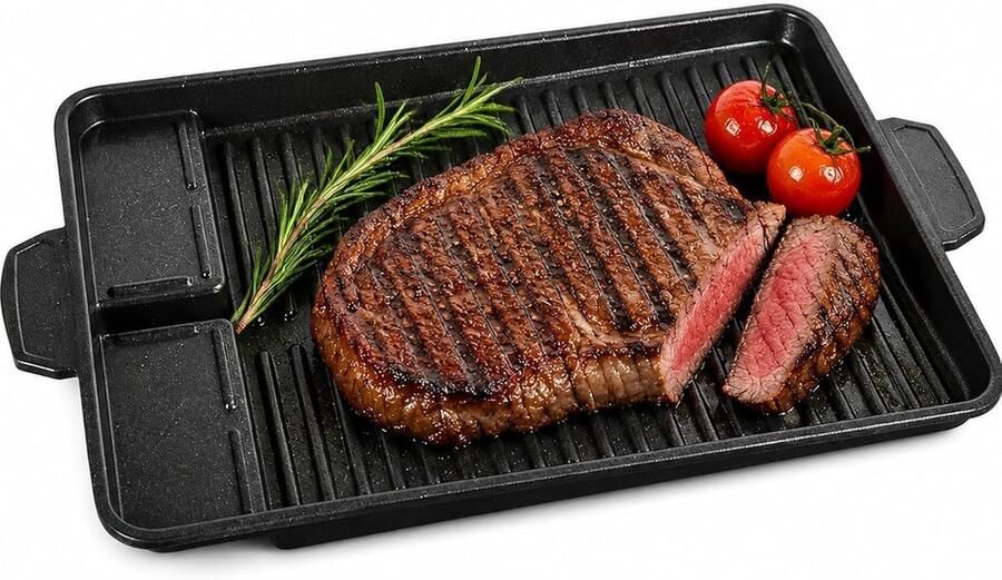 Grillpan 37 x 26 cm grillopzetstuk voor gasfornuis grillplaat grillpan voor campingfornuis voor inductie gas keramiek voor binnen en buiten BBQ
