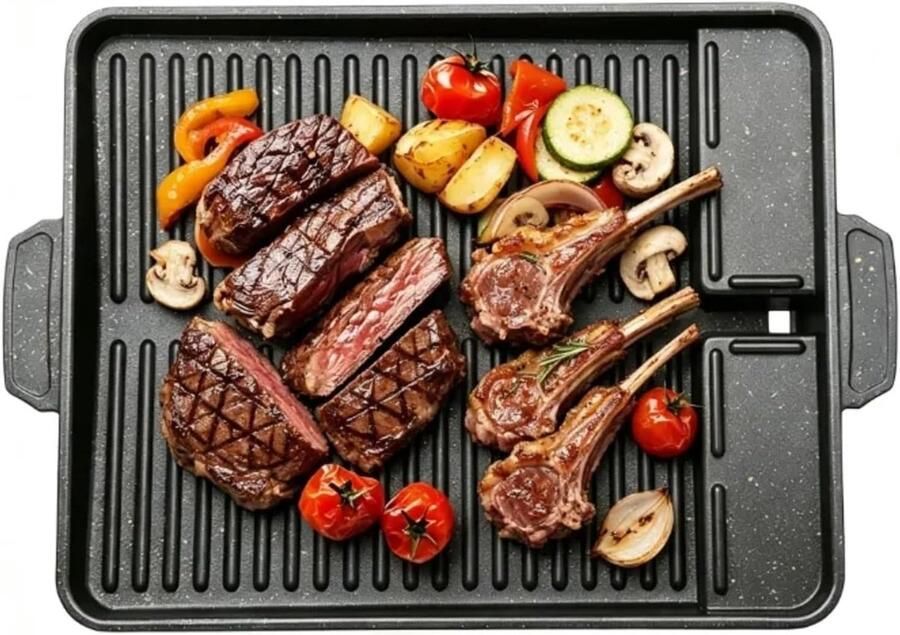 Grillpan 37 x 26 x 3 cm antiaanbaklaag rookvrije rechthoekige grillplaat voor inductie gasfornuis gaskookplaat & campingkookplaat veelzijdig grillopzetstuk voor keuken en outdoor