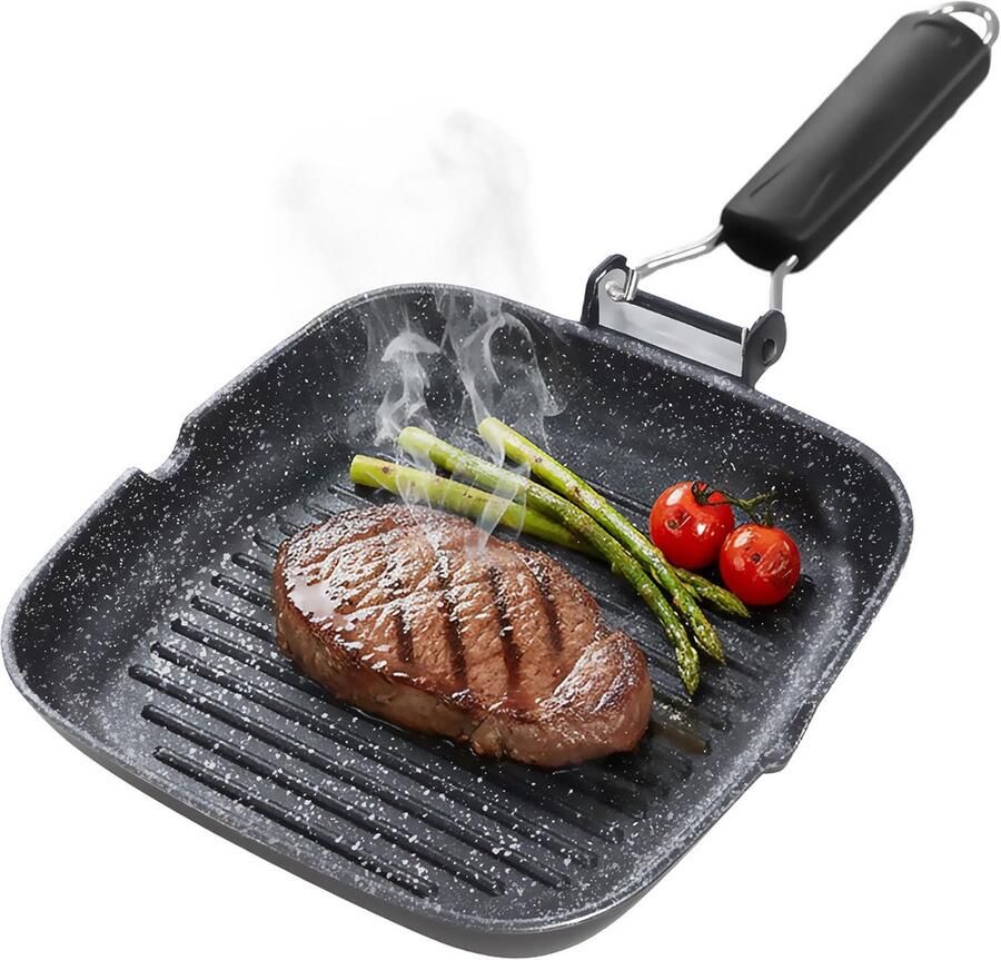 Grillpan Aluminium Koekenpan Gezond Koken Titanium Antiaanbaklaag 24 x 24 cm Zwart