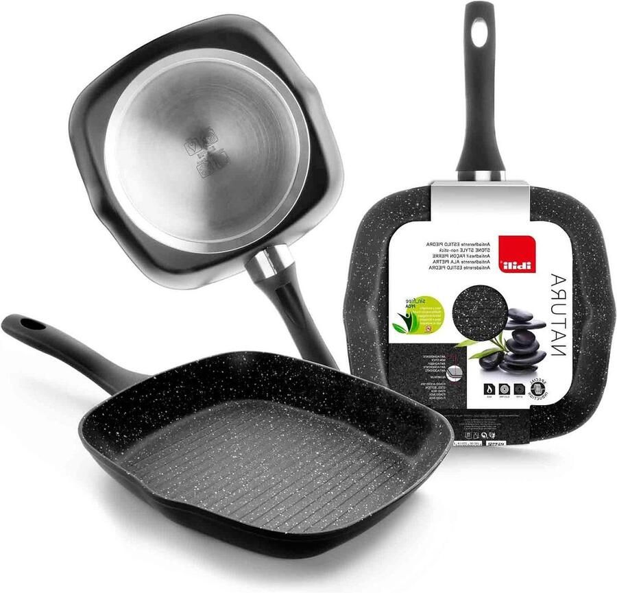 Grillpan Aluminium Koekenpan Steenmotief Gelijkmatig Grillen Antiaanbaklaag 28 x 28 cm Zwart