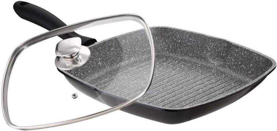 Grillpan Aluminium Steak Vispan Lekker Grillen Non-stick Marmercoating Diameter 28cm Zwart