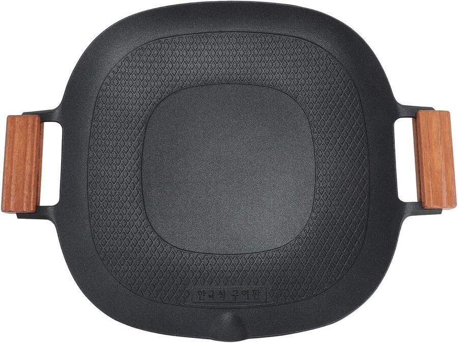 Grillpan Anti-aanbak Bakplaat Plancha Buiten Grillen Teppanyaki Afneembare Houten Handgrepen 38.5 x 31 cm