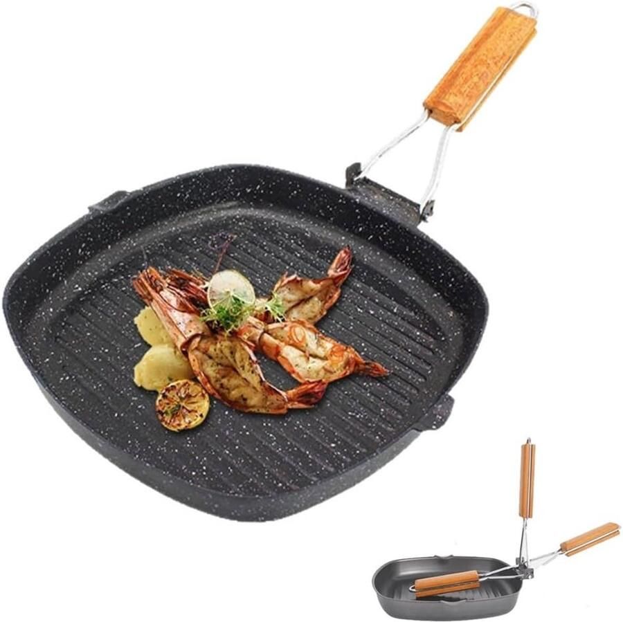 Grillpan Anti-aanbak Koekenpan Grillplaat Binnen Koken Opvouwbare Handgreep 22 cm Zwart