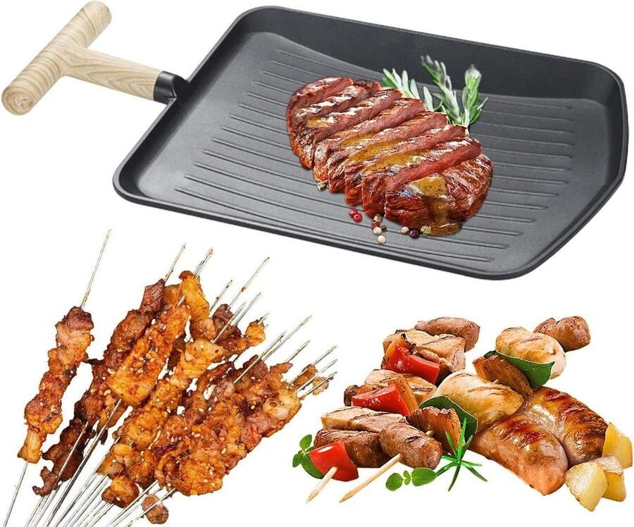 Grillpan Barbecueplaat Vlees en groenten roosteren Houtnerf handvat 3.8 cm hoog Schelp