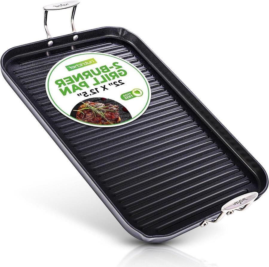 Grillpan Fornuis Ribbelpan Dubbele Branders Lekker Grillen Antiaanbaklaag Gelijkmatige Hitte 56x32 cm Zwart