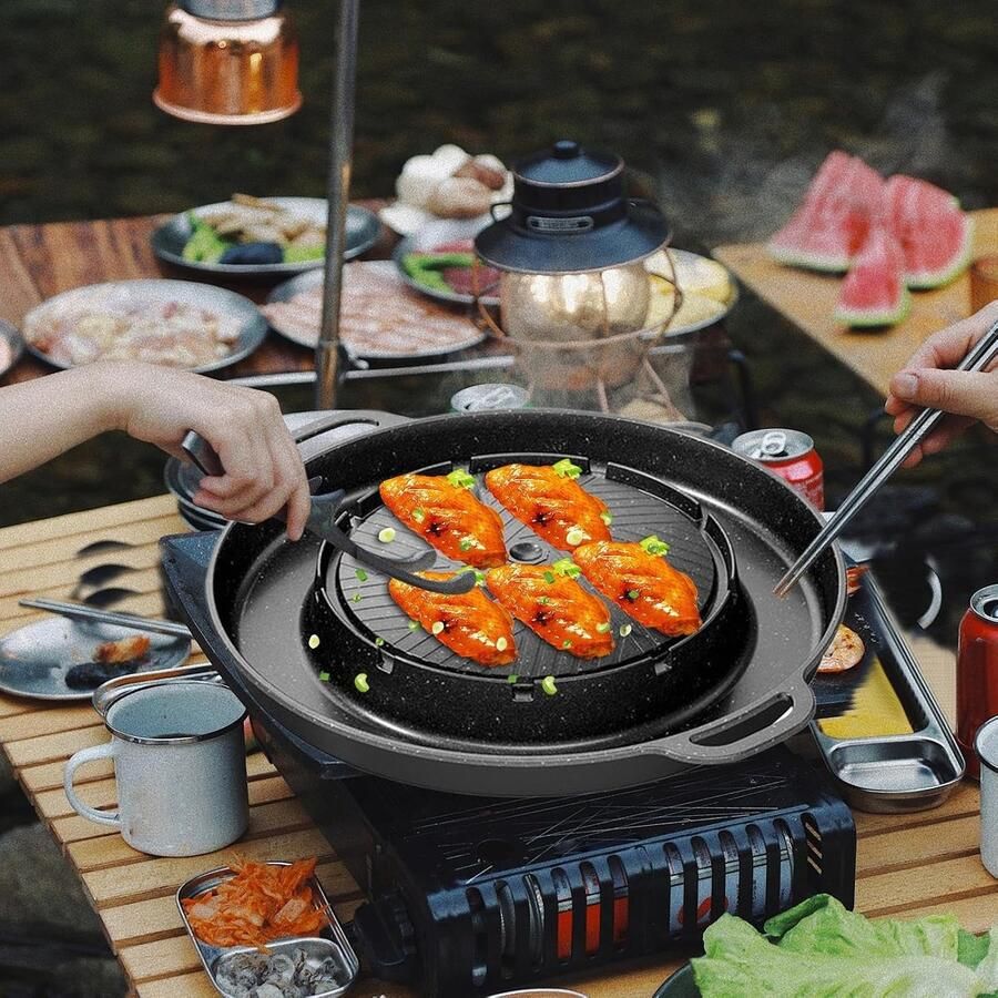 Grillpan en Hotpot Dubbele Pan Tafel Grillen Antiaanbaklaag 33.5 x 22 cm Zwart