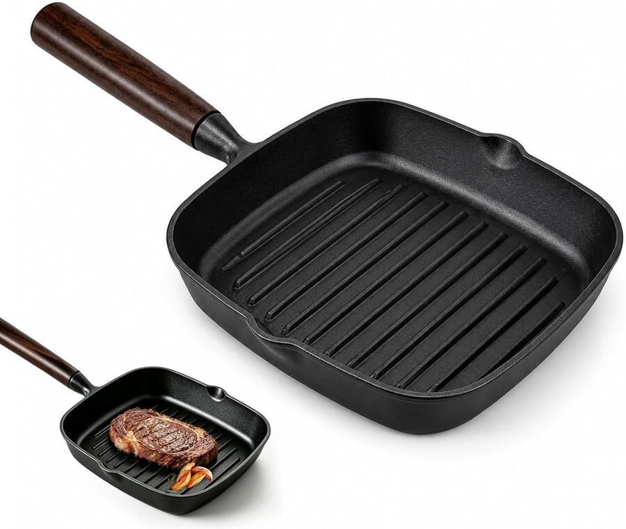 Grillpan gietijzer 22 x 22 cm antiaanbakpan steakpan met schenktuit grillpan inductie met houten handvat vierkante pan voor gas en inductie outdoor en binnen (zwart)