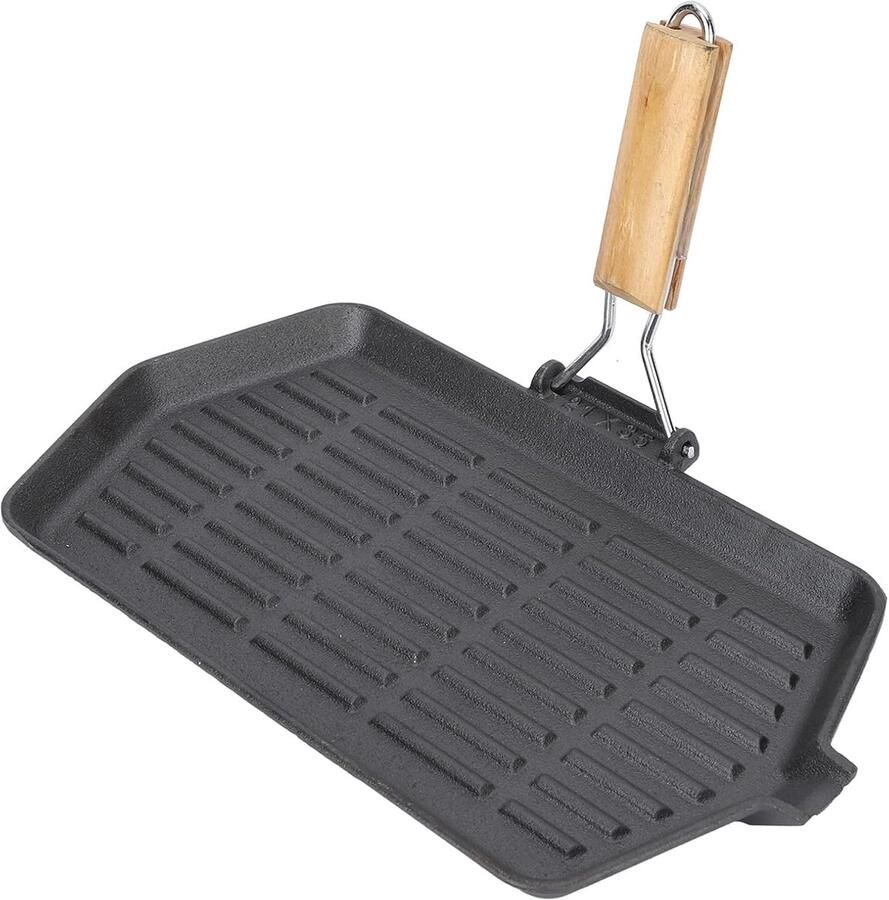 Grillpan Gietijzer Geribbelde pan Buiten koken Opklapbaar handvat 34 cm Zwart