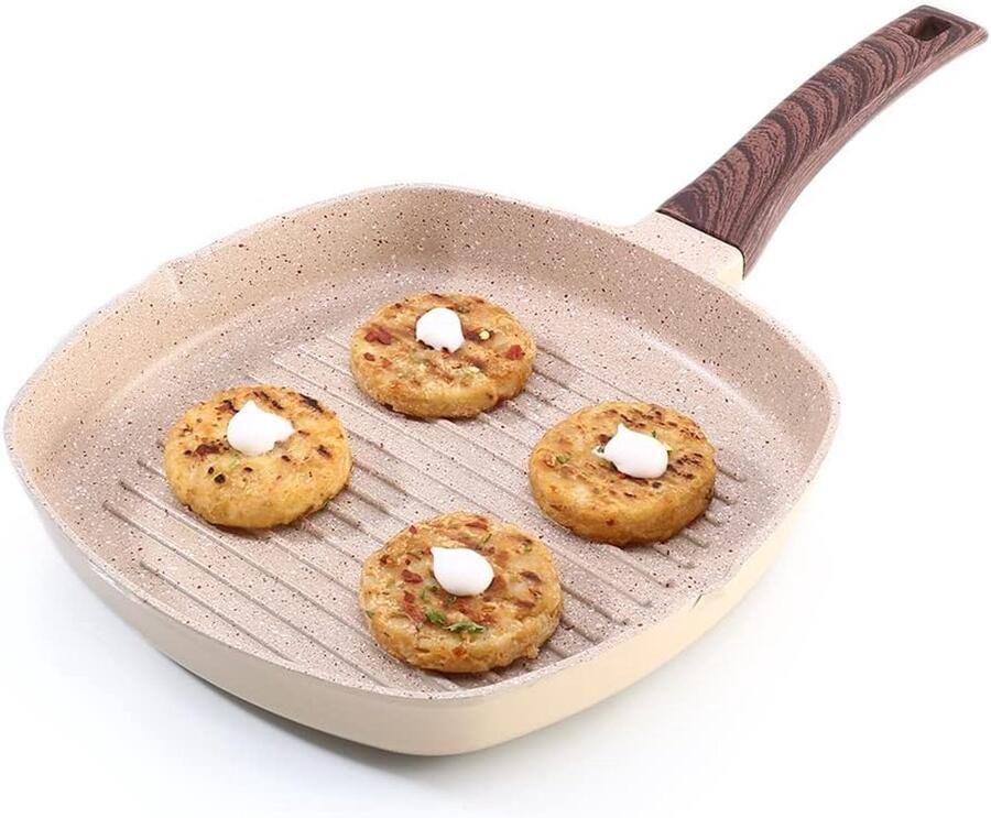 Grillpan Gietijzer Koekenpan Gezond Koken Duurzame Antiaanbaklaag 24 cm Ivoor