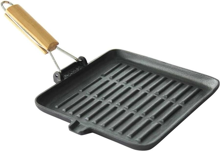 Grillpan Gietijzer Koekenpan Koken Opvouwbare handgreep 24 cm Zwart