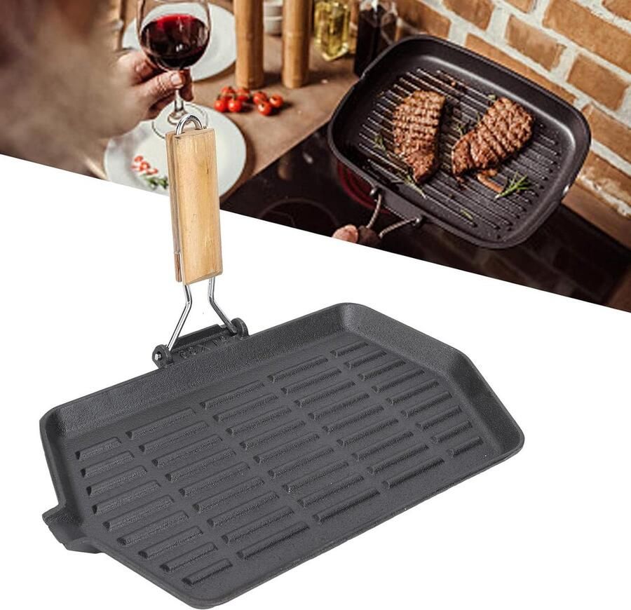 Grillpan Gietijzer Koekenpan Plancha Steak Grillen Inklapbaar Handvat 21x35 cm Zwart