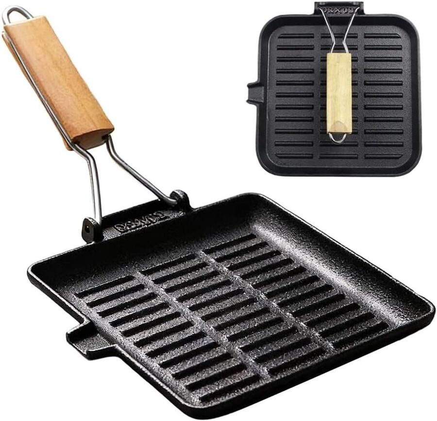 Grillpan Gietijzer Koekenpan Steaks Grillen Inklapbaar Handvat 20 x 20 cm Zwart