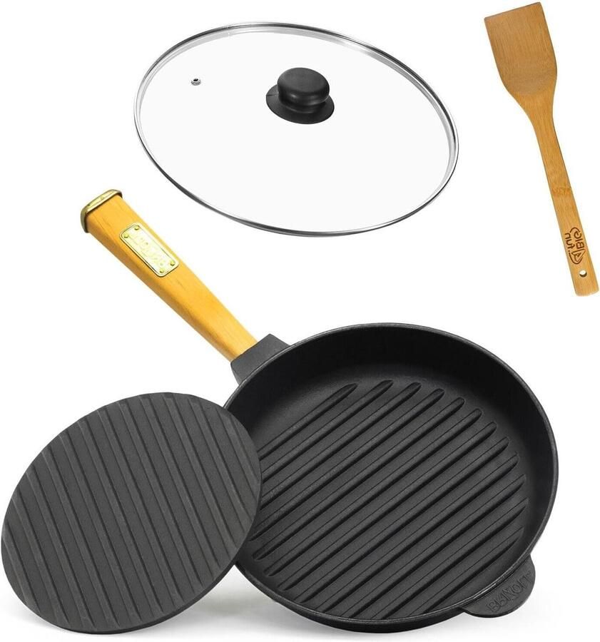 Grillpan Gietijzer Koekenpan Vleespan Vlees Braden Inclusief Deksels Spatel Diameter 24 cm Zwart