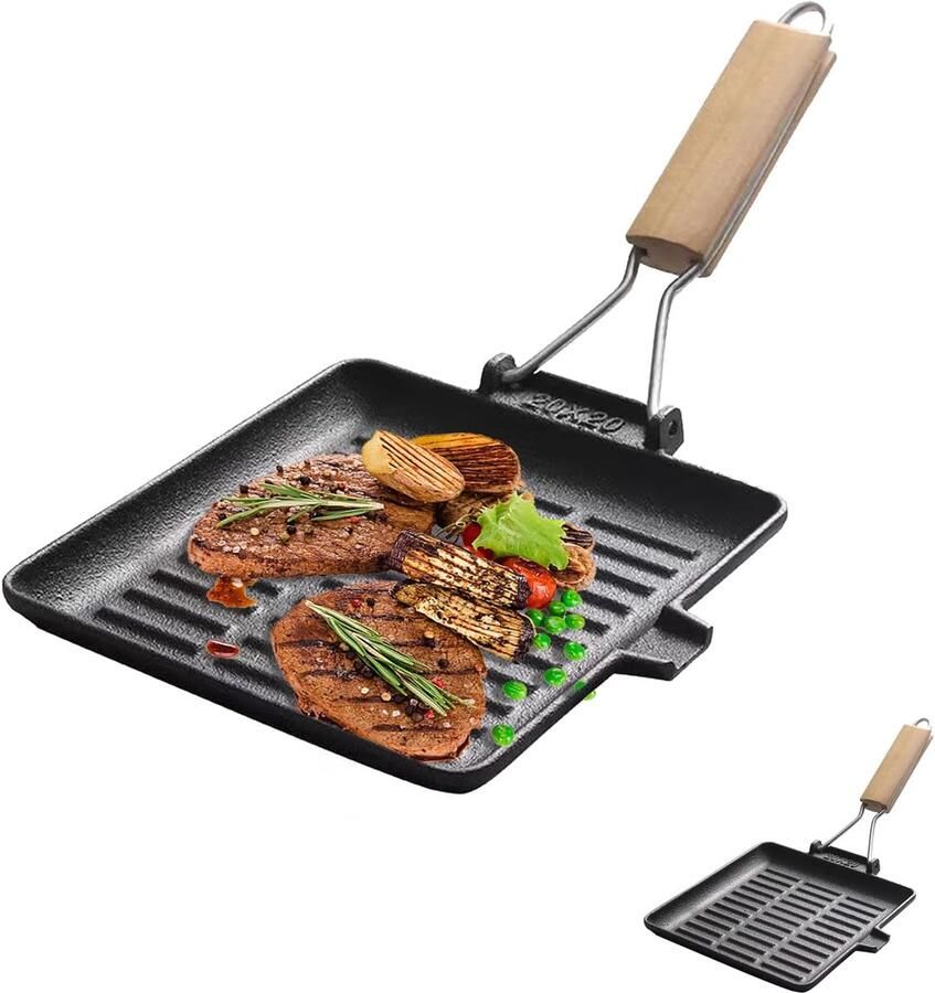 Grillpan Gietijzer Steakpan Koekenpan Buiten Koken Inklapbaar Houten Handvat 20 x 20 cm Zwart