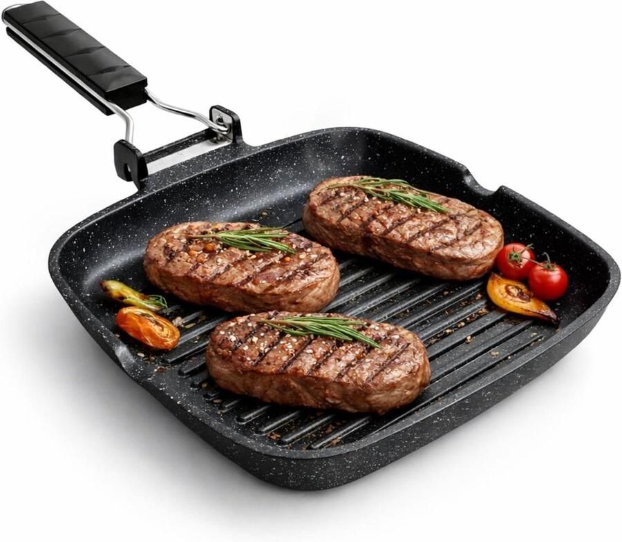 Grillpan Inductie Antiaanbak Plaat Gezond Koken Inklapbare Handgreep 24 x 24 cm Zwart