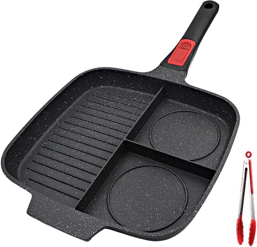 Grillpan inductie met afneembare handgreep steakpan 3-in-1 antiaanbaklaag gedeelde braadpan compatibel met alle warmtebronnen 28 x 24 cm (zwart)