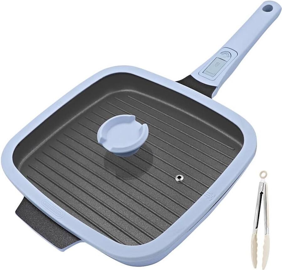 Grillpan Inductie met Deksel 26 x 24 cm Vierkante Steakpan met Afneembare Handgreep Grillpan met Antiaanbaklaag Geschikt voor Alle Soorten Fornuizen Blauw