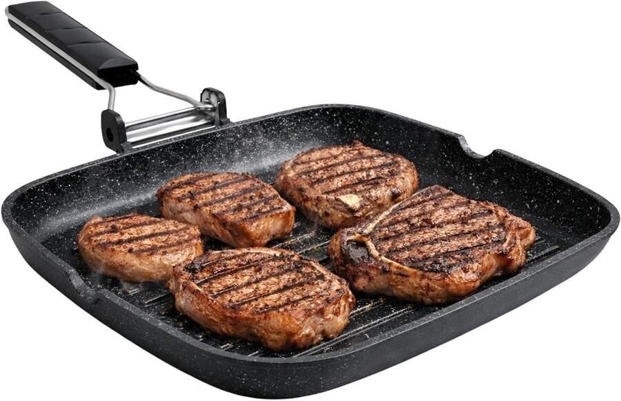 Grillpan Inductie Rechthoekige Pan Gezond Koken Inklapbare Handgreep 35 x 24 cm Zwart