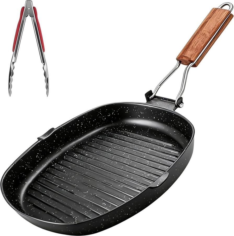 Grillpan Inductie Steakpan Gietijzer Gezond Grillen Inklapbaar Houten Handvat 24 x 24 cm Zwart