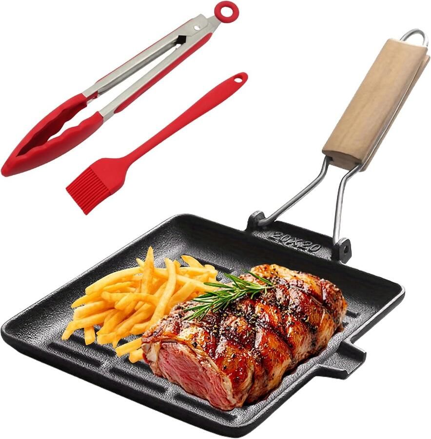 Grillpan inductie: steakpan gietijzer met afneembare handgreep 24 x 24 cm antiaanbaklaag gietijzeren grillpan voor alle soorten fornuizen gemakkelijk te reinigen