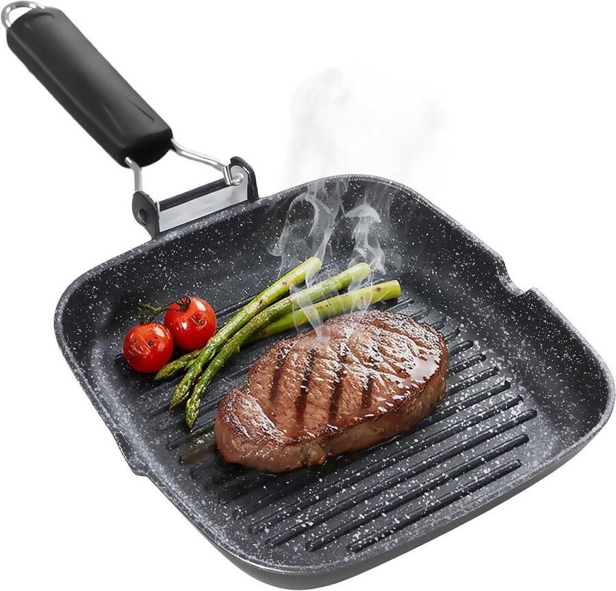 Grillpan Koekenpan Gezond Koken Inklapbare Handgreep 24x24 cm Zwart