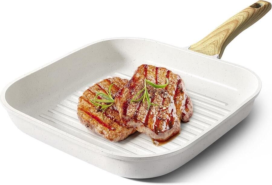 Grillpan Koekenpan Vierkant Binnen Koken Graniet Anti-aanbaklaag 27.5 cm Wit