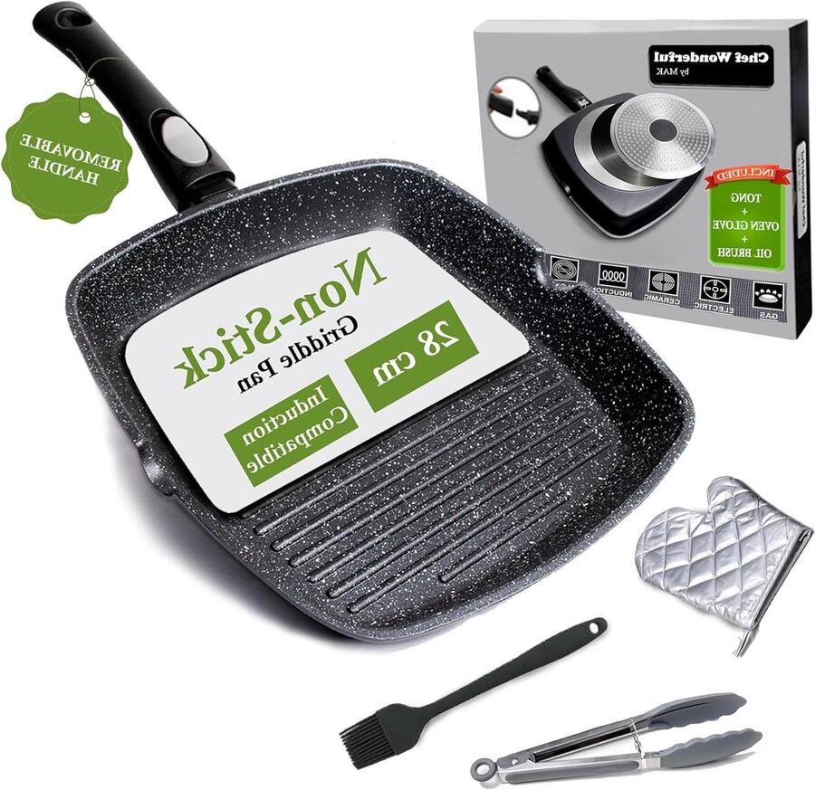 Grillpan met Accessoires Bakplaat Koekenpan Gezond Grillen Afneembaar Handvat 28 cm Zwart
