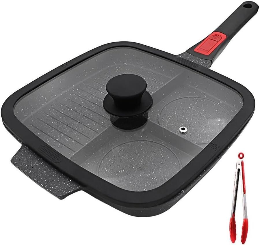 Grillpan met Afneembaar Handvat en Deksel Zwart Met Deksel Aluminiumlegering met Antiaanbaklaag Voor Gezonde Maaltijden