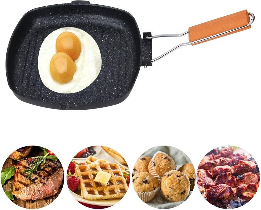 Grillpan met Anti-aanbaklaag Ijzeren Steakpan met Opvouwbaar Houten Handvat Maifan Stenen Bakplaat voor Binnenkookplaat en Picknick Compatibel met Gas en Inductie