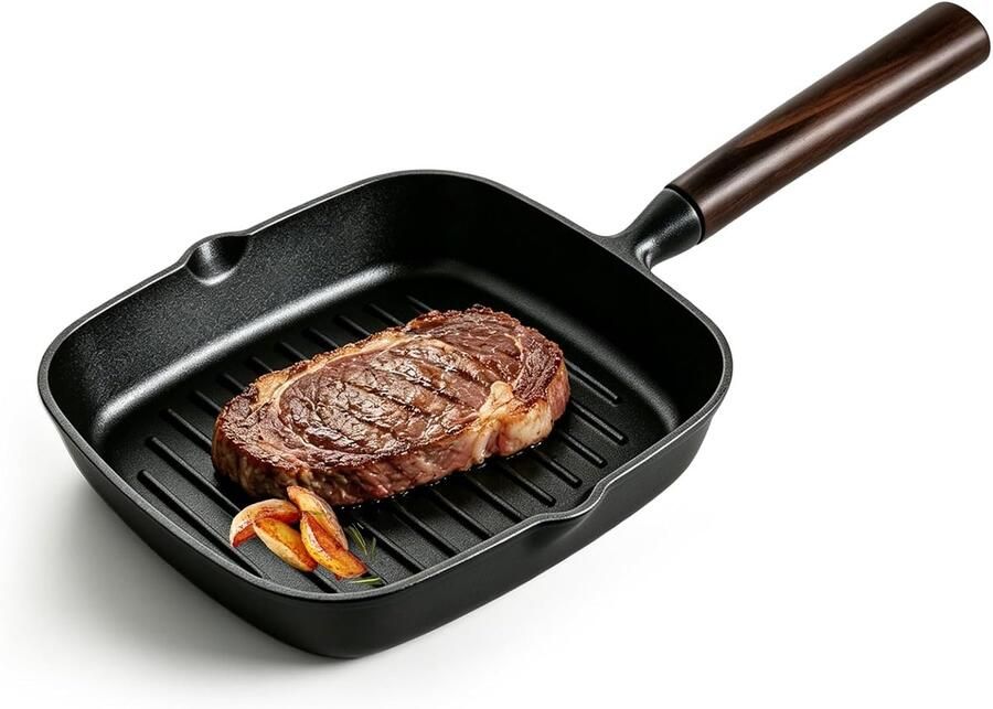 Grillpan met antiaanbaklaag 22 x 22 cm vierkante grillpan van gietijzer steakpan inductie met houten handvat en schenktuit vierkante pan voor inductie oven en grill