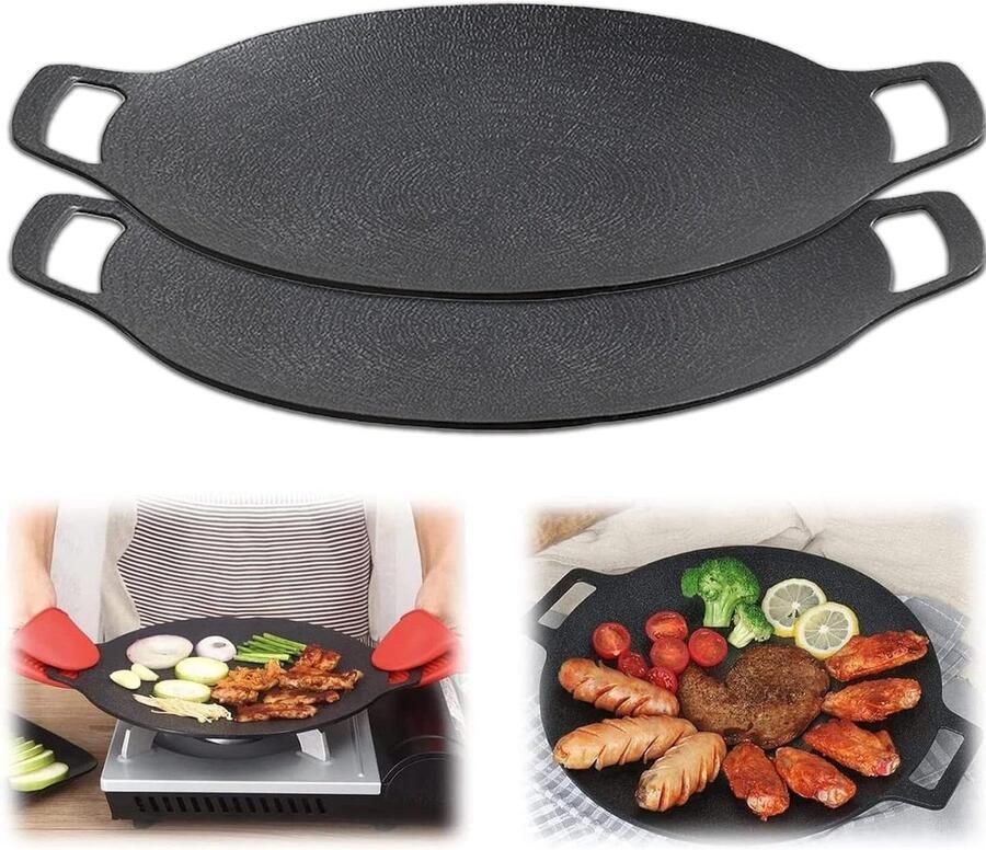 Gietijzeren Grillpan Bakplaat Ronde Pan Buiten Koken Antiaanbak Gecoat 30 32 34 cm Zwart