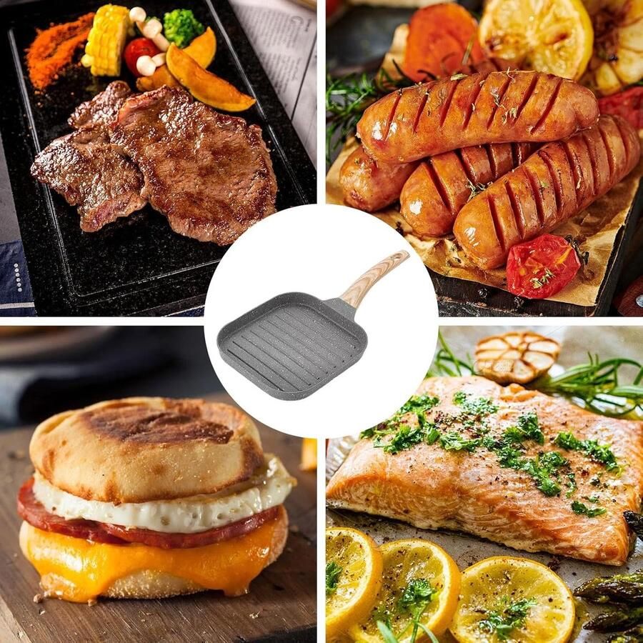 Grillpan met antiaanbaklaag Draagbare braadpan Biefstuk en eieren bakken Vetvrij koken 37 x 19 cm Grijs