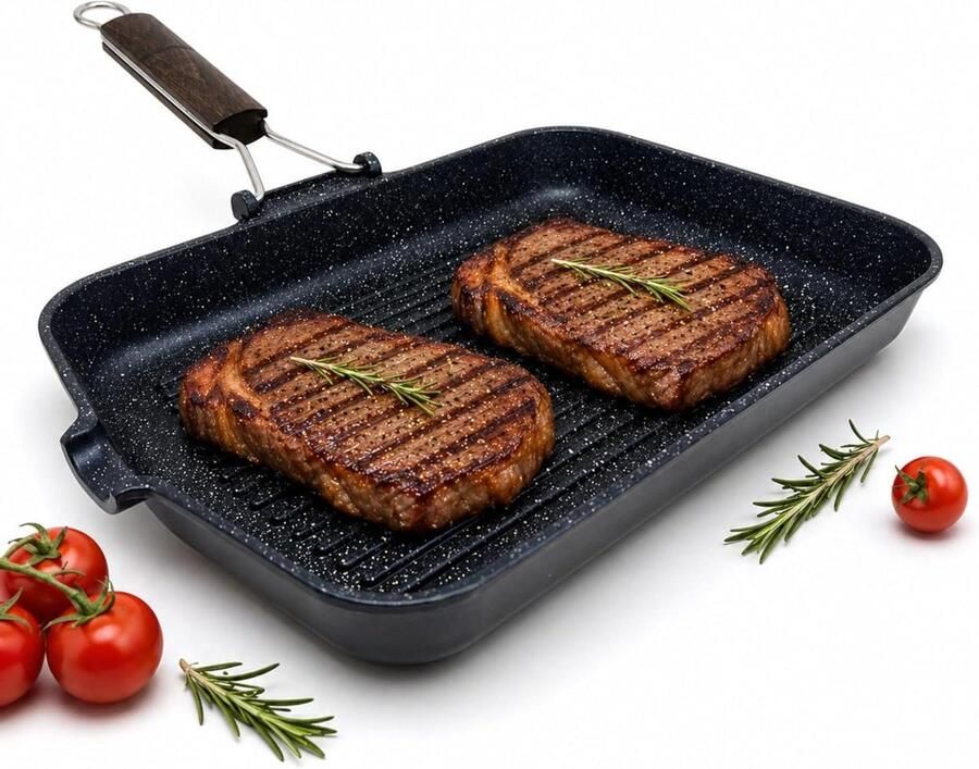 Grillpan met antiaanbaklaag Koekenpan Grill Dagelijks Koken Inklapbare handgreep 35 x 25 cm Zwart