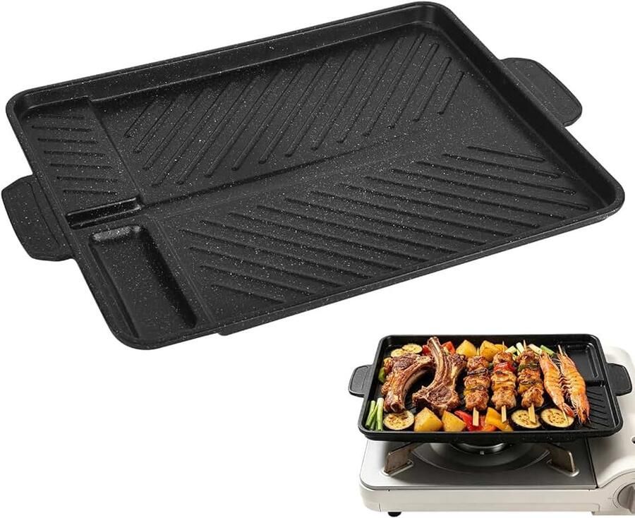 Grillpan met antiaanbaklaag met zijhandgrepen 37 5 x 26 cm grillplaat voor tuinfeesten camping en barbecue-avonden voor gasbarbecue en campingfornuis