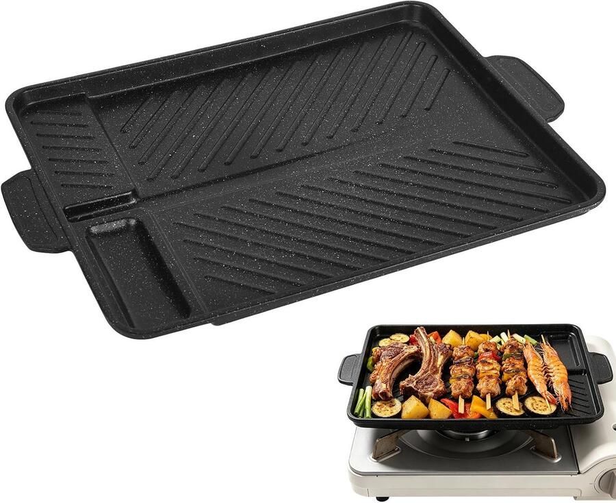 Grillpan met antiaanbaklaag met zijhandgrepen 37 5 x 26 cm grillplaat voor tuinfeesten camping en barbecue-avonden voor gasbarbecue en campingfornuis