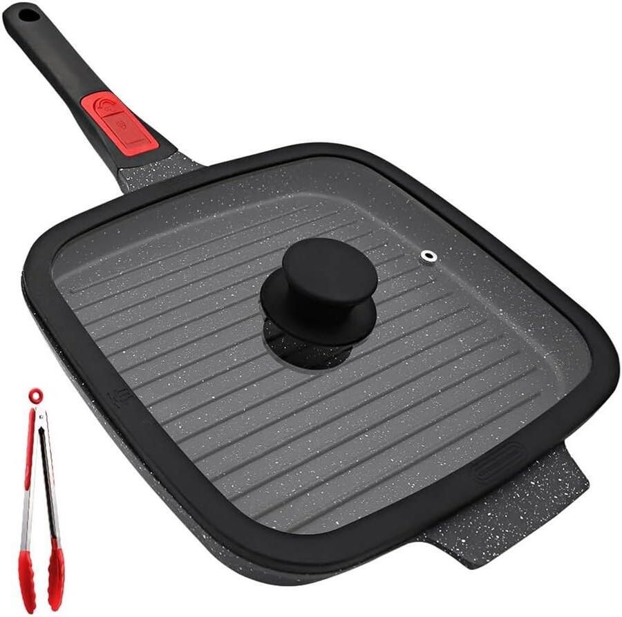 Grillpan met Deksel Bakplaat Koekenpan Gezond Koken Antiaanbak Medische Steen Coating 26 cm Zwart