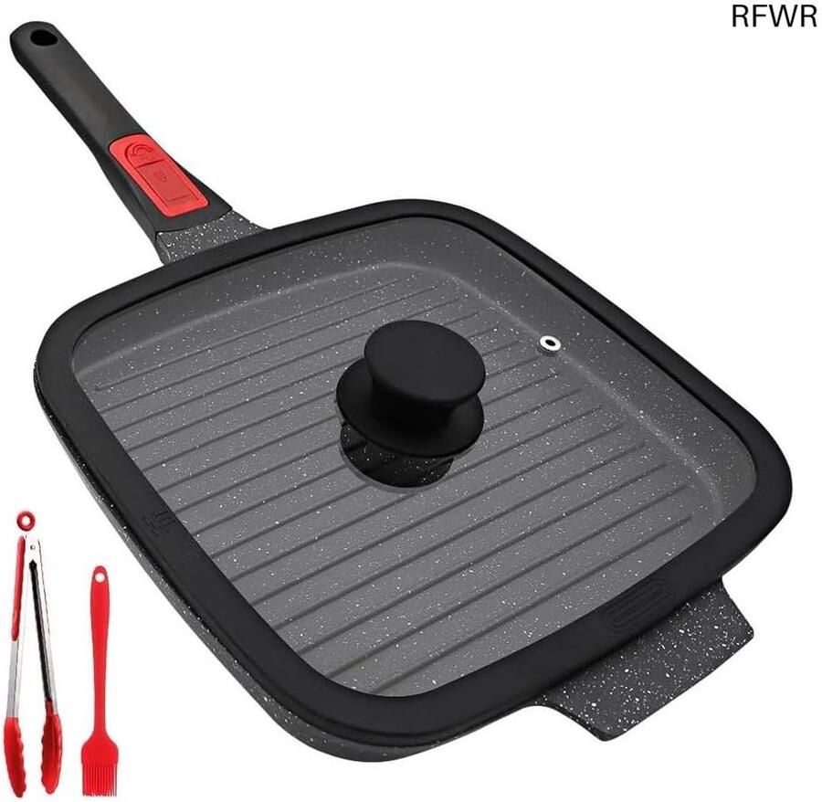 Grillpan met deksel Antiaanbakpan Gezond Koken Afneembaar handvat 24 cm Zwart