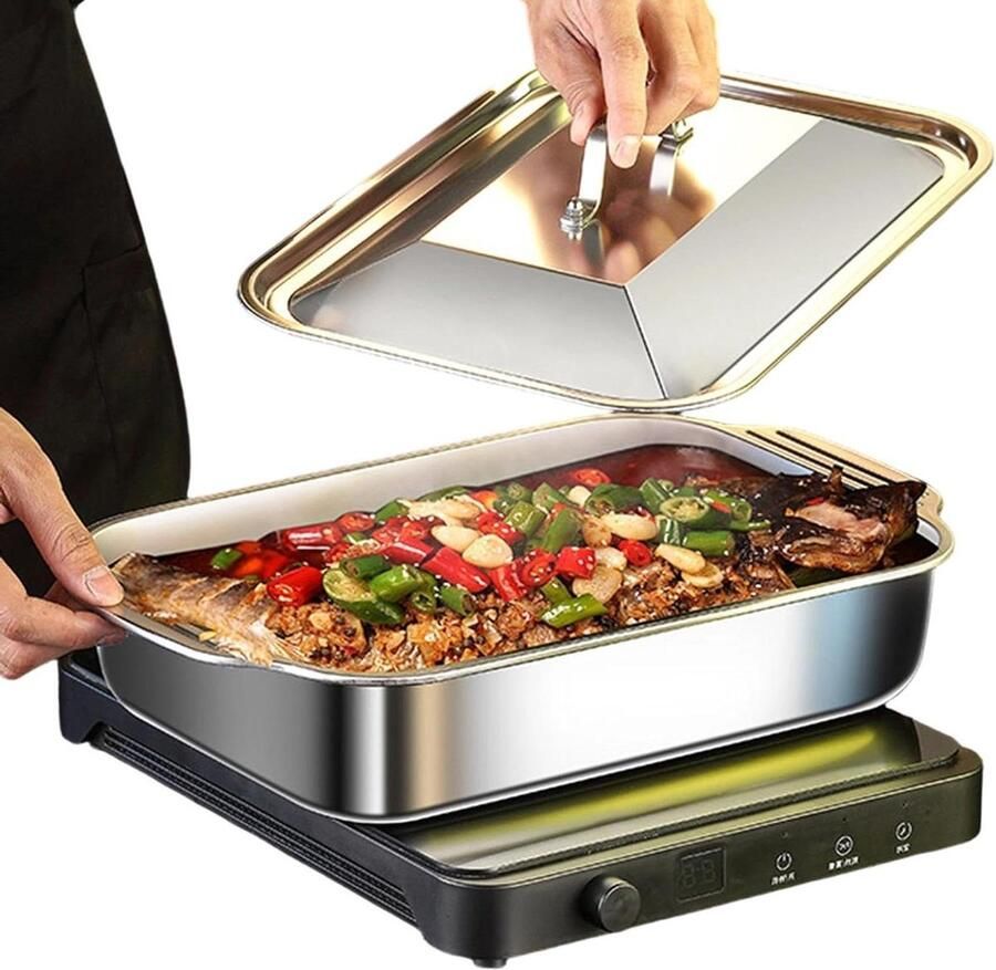 Grillpan met Deksel Bakplaat Braadslede Buiten Koken Versterkt Roestvrij Staal 41x245x75 cm Zilver