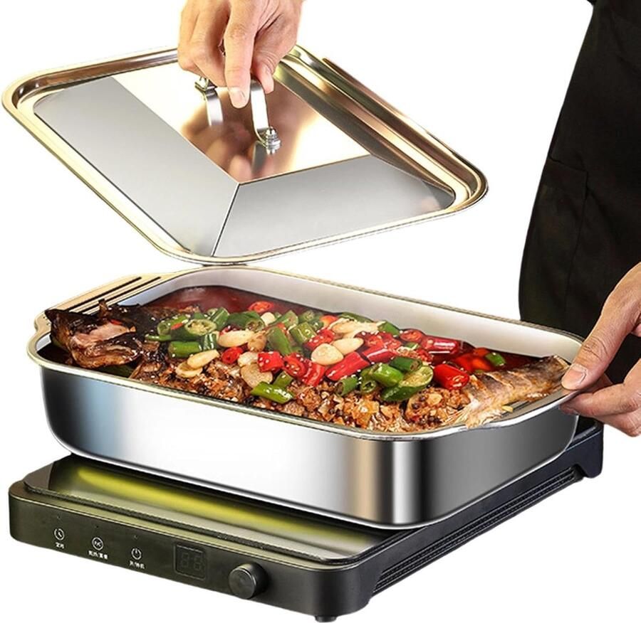 Grillpan met Deksel Braadslee Bakplaat Buiten Koken Roestvrij Staal 41x24.5x7.5cm Zilver